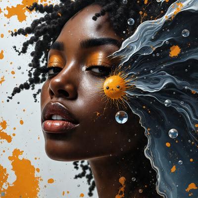 The primary subject of the image is a woman with a vibrant and colorful appearance. She is painted with a mix of orange, yellow, and blue colors, giving her a lively and energetic look. The setting is a white background, which provides a clean and uncluttered environment for the woman's striking visuals. The visual style of the image is a combination of digital art and illustration, creating a unique and eye-catching portrait. The overall atmosphere of the image is bright, cheerful, and